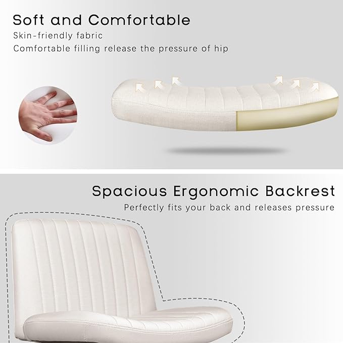 PUKAMI Criss Cross Chair with Wheels,Fabric Padded Armless Cross Legged Office Desk Chair for Home Office,Modern Swivel Height Adjustable Wide Seat(Beige)