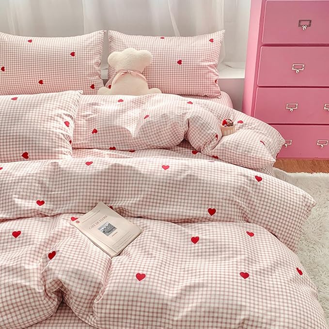 Nayoroom Gingham Duvet Cover Queen Size Pink Plaid Red Heart Printed on White - Image 6