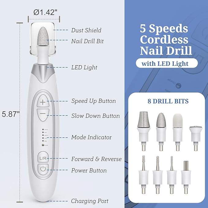 PELCAS Electric Nail File, 5 Speeds Manicure and Pedicure Kit, Cordless Nail - Image 5