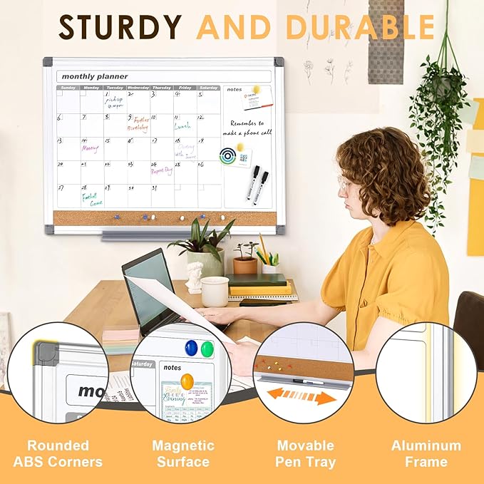 MAKELLO Dry Erase Calendar for Wall 24" x 18", Whiteboard Calendard with Cork Board for Office, Home, School, Family, Kitchen and Bedroom