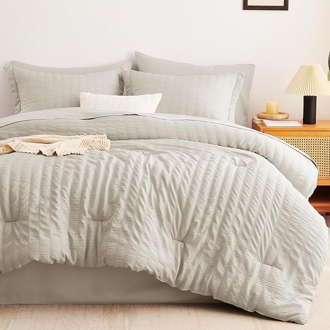 CozyLux Oversized Queen Comforter Set Beige Seersucker 7 Pieces 98x98 Bed in a - Image 6