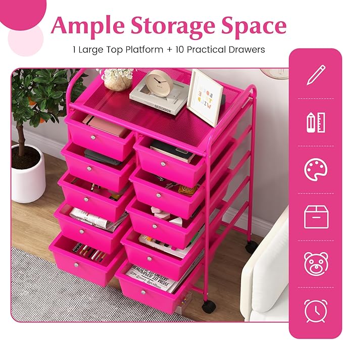 GOFLAME 10-Drawer Rolling Storage Cart, Art Craft Storage Organizer on Wheels, Multipurpose Movable Utility Cart for School, Office and Home, Hot Pink