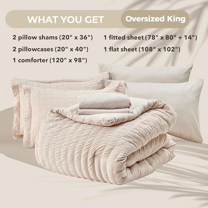 HYMOKEGE Beige Oversized King Comforter Set Seersucker 7 Pieces, All Season - Image 6