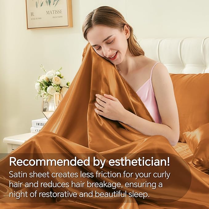BEDELITE King Size Sheets Set, Luxury Soft Burnt Orange Satin Sheets - Image 4