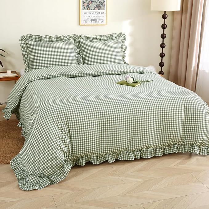 Silnuo Sage Green/White Plaid Ruffle Duvet Cover Twin Size, 100% Washed Cotton - Image 2