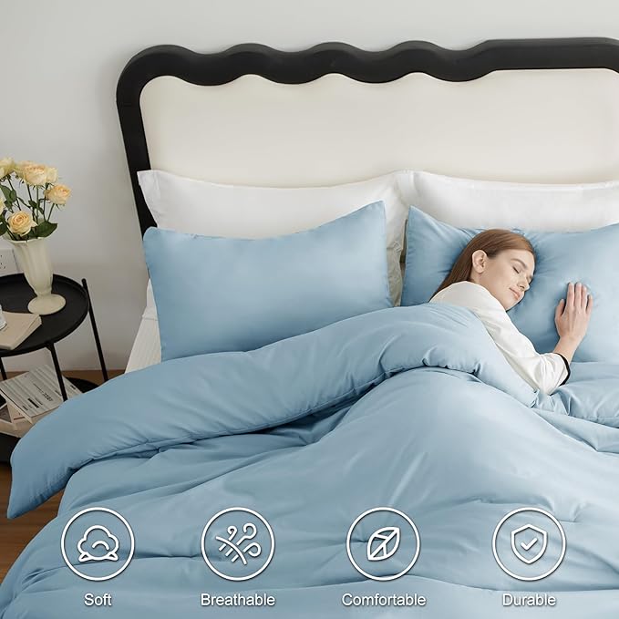 CozyLux Queen Comforter Set Light Blue, 3 Pieces Solid Comforters Queen Size - Image 5