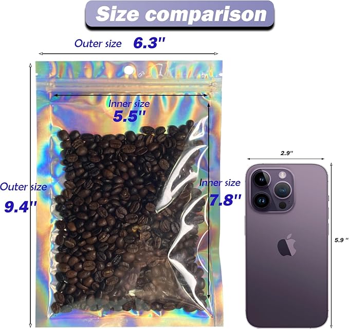 6x9 inch Holographic Bags with Party Favor Mylar Bags Coffee Storage for Small Business 50Pcs Resealable