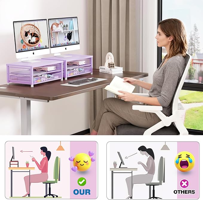 OPNICE Computer Monitor Stand Riser, Desk Organizer with Drawer, Laptop Stand, Office Desk Accessories & Workspace Desktop Organizers Storage for Office Supplies(Purple)