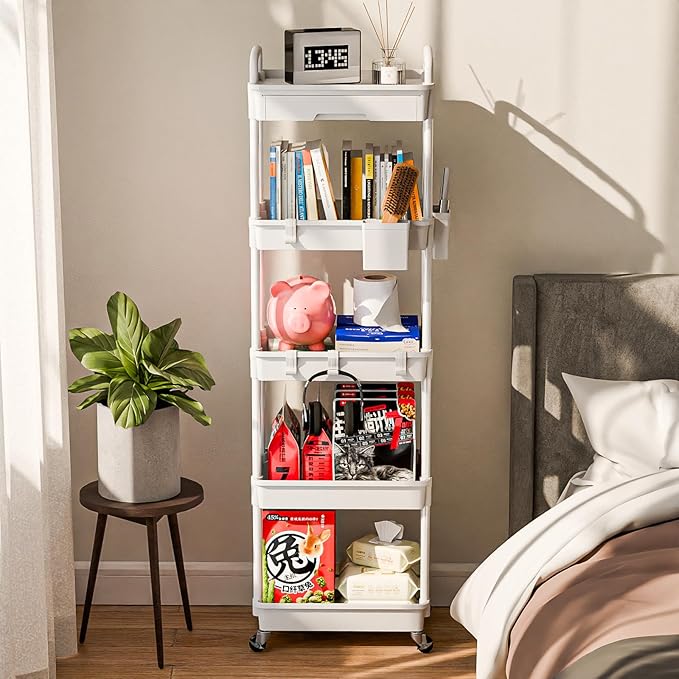 Sorgion 5 Tier Rolling Cart Organizer,Bathroom Cart Organizers with Wheels Laundry Room Organization Mobile Shelving Unit Utility Cart Storage Shelves Multi-Functional for Office, Home(White)