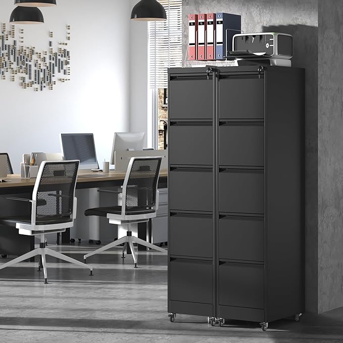 IKIMI 5 Drawer Locking File Cabinet with Wheels,Metal Mobile Filing Cabinets,Black Vertical File Cabinet for Home Office,Heavy Duty Storage Cabinet for A4/Letter/Legal Size File,Assembly Required
