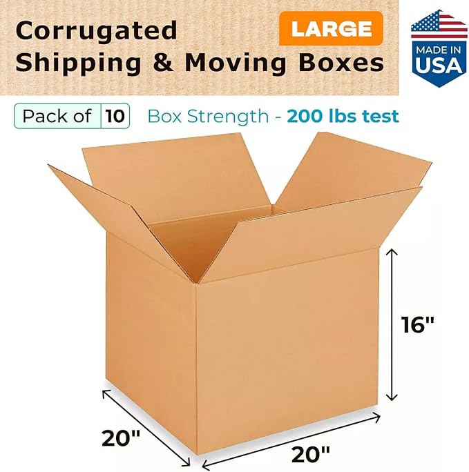 Extra Large Shipping & Moving Boxes 20x20x16 inches (10-Pack) - Extra Strength 200 lb vs Regular - Corrugated Shipping Boxes - Large Packing Box for Moving - Heavy Duty Box by IDL Packaging