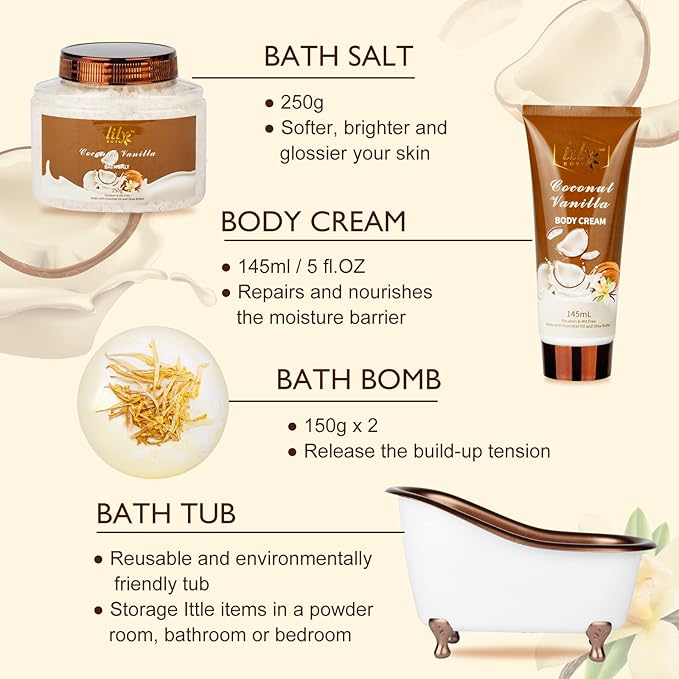 Mothers Day Gifts for Mom, Gifts for Women, 7-Piece Coconut Vanilla Bath and - Image 3