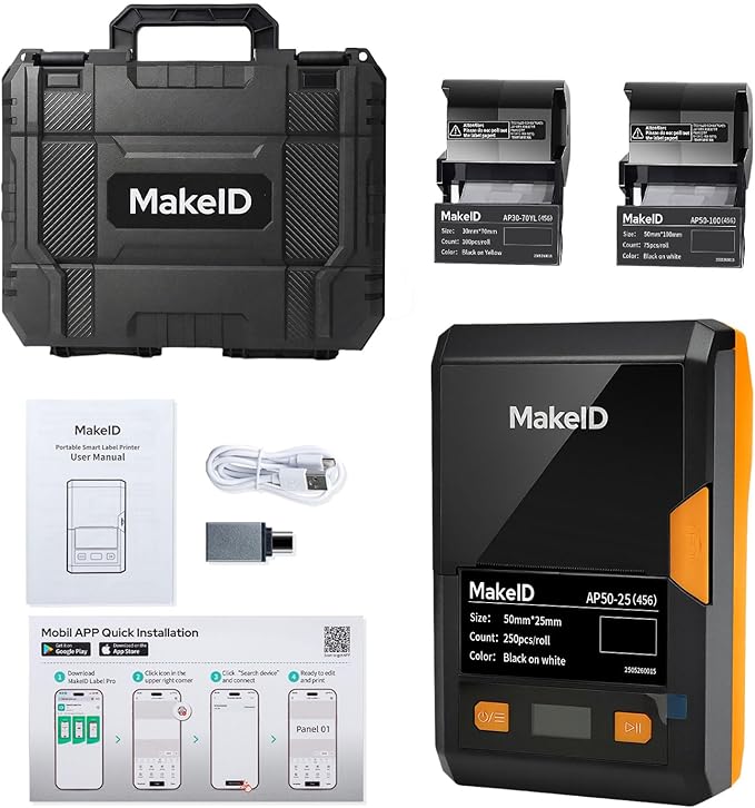 MakeID EP53 Label Maker with Hard Case, Portable Industrial 2" Print Head Bluetooth Label Printer, Mobile APP & PC Editor Compatible, 2000mAh Li-ion Battery, Come with 3 Label Cartridges for Job Sites