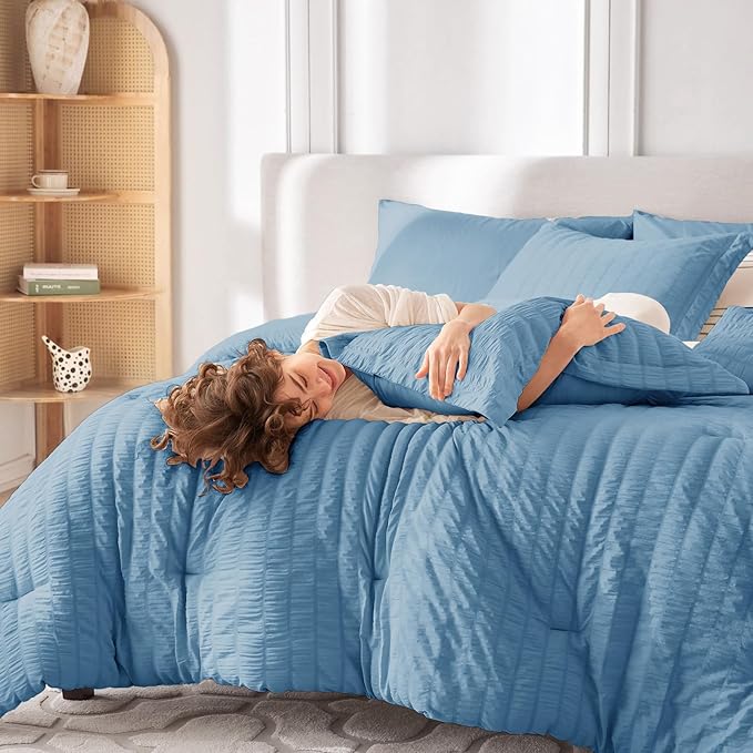 MUXHOMO 7 Pieces Full Comforter Set, Seersucker Bed in a Bag Full Size - Image 7