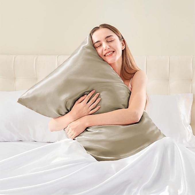 BEDELITE Satin Pillowcase with Zipper, Taupe King Size Pillow Cases Set of 2 - Image 2
