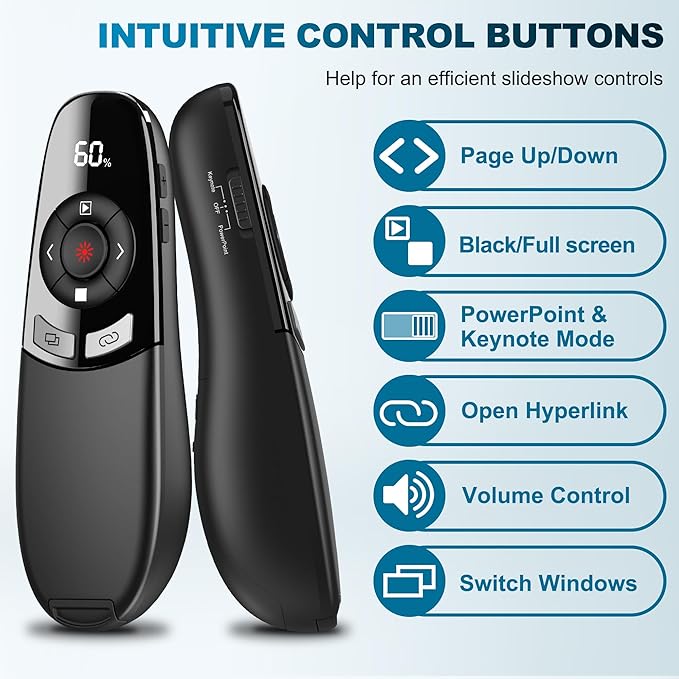 Wireless Presentation Clicker with Red Laser Pointer and Battery & Timer Display, Powerpoint Clicker for Mac Windows Keynote Google, Presenter Remote PPT Remote for Powerpoint Presentations