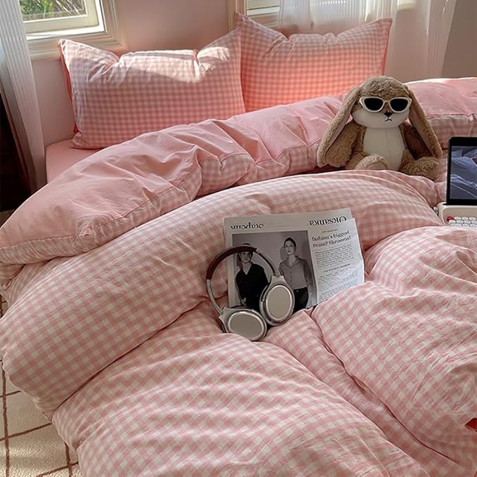 Nayoroom Gingham Duvet Cover King Size Reversible Pink Plaid Checkered Duvet by Nayoroom