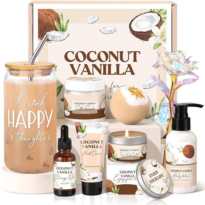 Mothers Day Gifts for Mom, Spa Gift Baskets for Women, Vanilla Coconut Bath and by GiftPeak