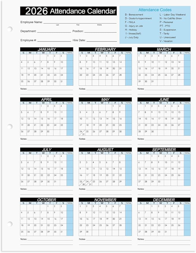 2026 Attendance Calendar Work Tracker Attendance Calendar Cards - 8.5 X 11 Cardstock/Pack of 50 Sheets