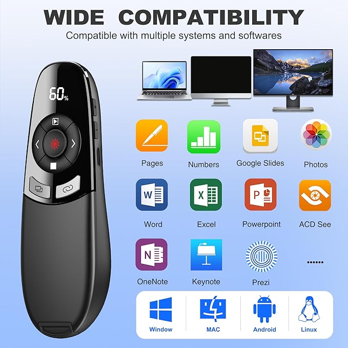 Rechargeable Wireless Presentation Clicker with Red Laser Pointer and Battery & Timer Display, Powerpoint Clicker for PC Mac Keynote Google, Presenter Remote PPT Remote for Powerpoint Presentations