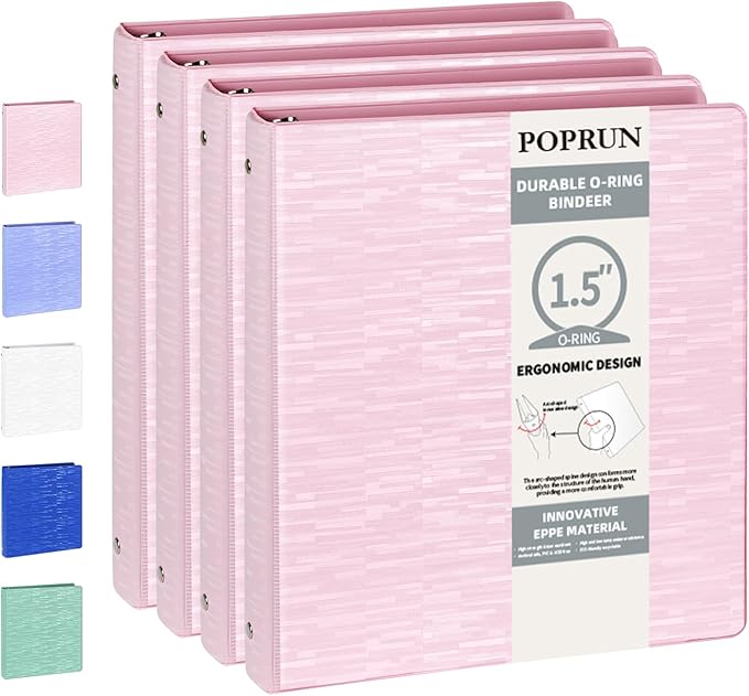 POPRUN 3 Ring Binder 1.5 Inch, PVC-Free, Holds 325 Sheets of 8.5 x 11 Paper, Extra Durable Organizer with 2 Pockets for School & Office, Heavy-Duty, 4 Pack, Pink