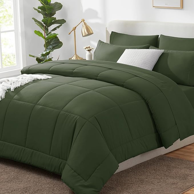 CozyLux King Size Comforter Set Olive Green, 7 Pieces Bed in a Bag, All Season by CozyLux