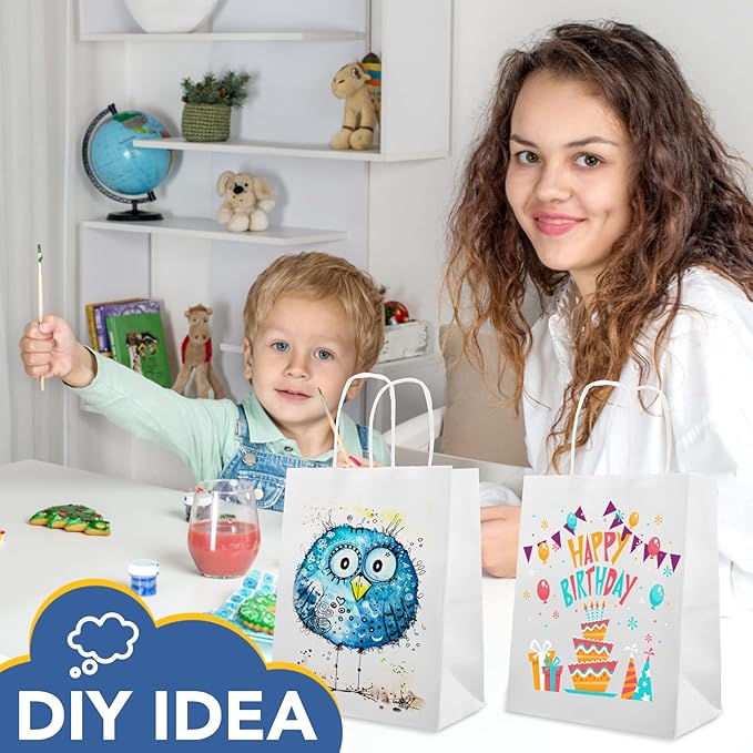 XPCARE 200Pack Paper Bags 8x4.5x10 Inch, Plain Medium Paper Bags with Handles Bulk, Kraft Paper Gift Bag, Retail, Party, Shopping, Favor Bag (White)