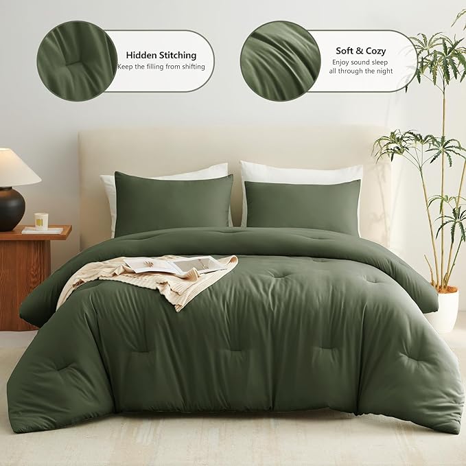 CozyLux Twin Comforter Set Olive Green, 2 Pieces Twin Extra Long Solid - Image 2