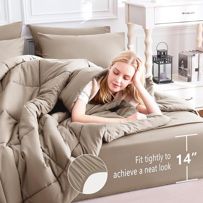 CozyLux Queen Comforter Set Khaki, 7 Pieces Bed in a Bag, Khaki Comforters - Image 5