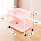 Ufriandz Pink 2 Tier Rolling Cart Metal with Wheels Under Desk Storage Cart for Small Space Organization, Small Trolley for Pantry Room Laundry Bathroom Kitchen Office Art Snack Baby Supplies