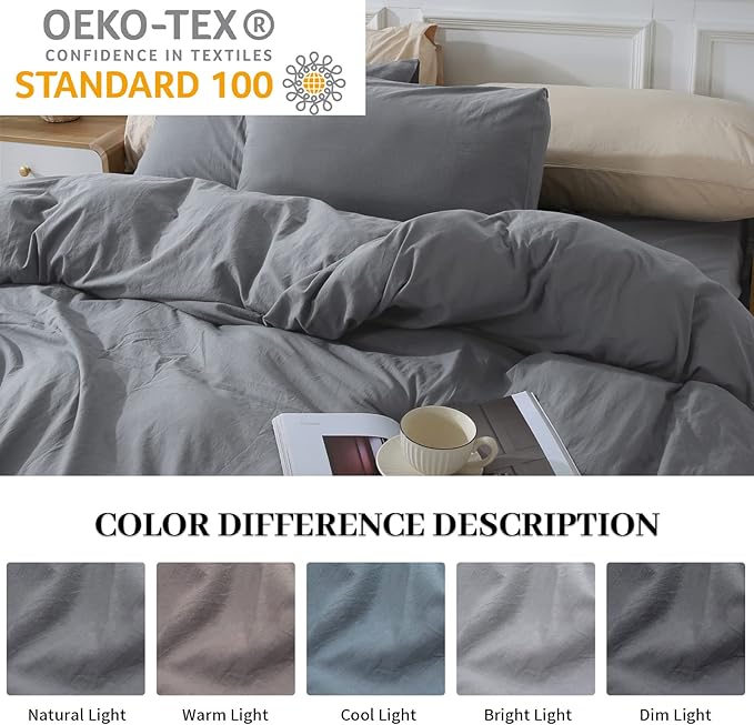 NEXHOME PRO Duvet Cover Set 100% Washed Cotton Full Size Linen Feel Textured - Image 2