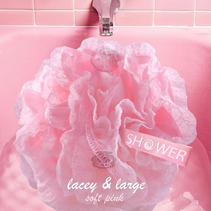 SHOWER BOUQUET Blue+Pink-Loofah-Bath-Sponge Lace-Mesh-Set // 2-Scrubs-in-1 // - Image 7