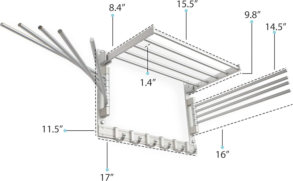 brightmaison BGT Wash Clothes Drying Rack Wall Mount Laundry Room Organizer with Hooks & Swing Arms, 17" Metal Laundry Rack Silver