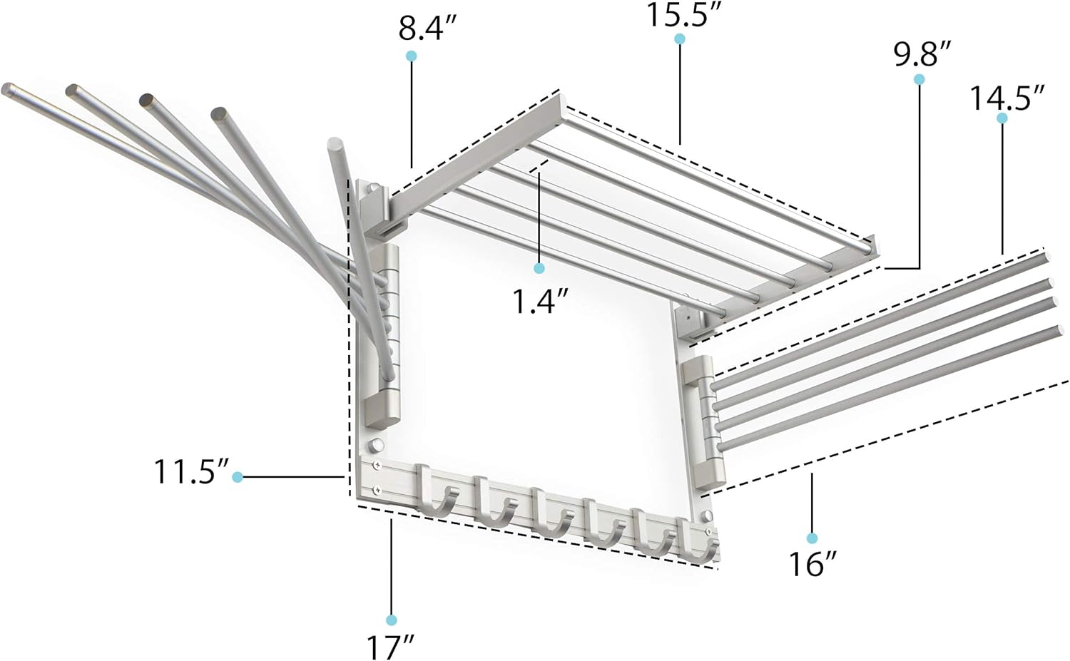brightmaison BGT Wash Clothes Drying Rack Wall Mount Laundry Room Organizer with Hooks & Swing Arms, 17" Metal Laundry Rack Silver