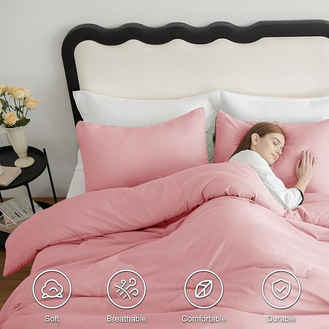 CozyLux Queen Comforter Set Pink, 3 Pieces Solid Comforters Queen Size - Image 5