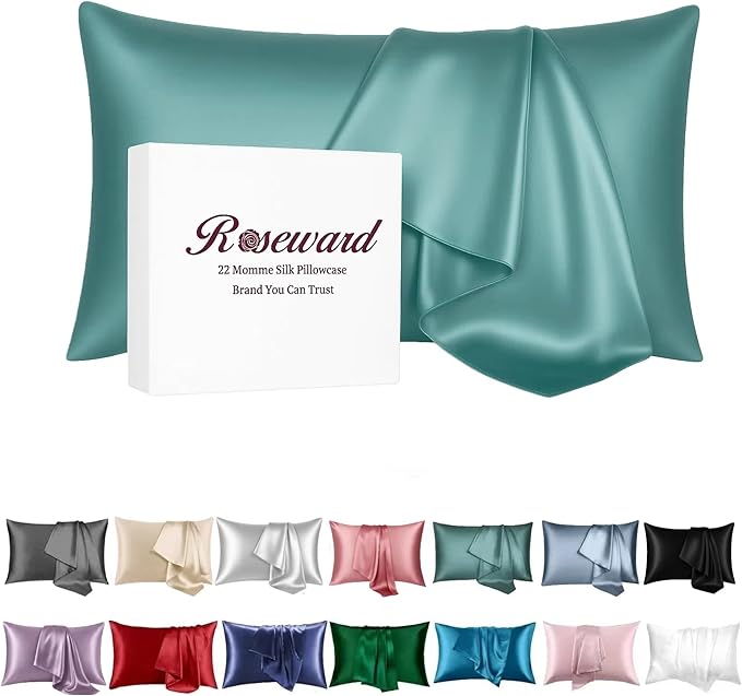 Teal Silk Pillow Cases Queen Made in USA, 100% Mulberry Silk Pillowcase by ROSEWARD