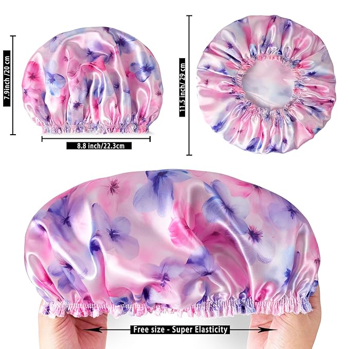 4 PCS Shower Caps for Women, Printing Bath Caps, Double Layers Shower Cap - Image 4