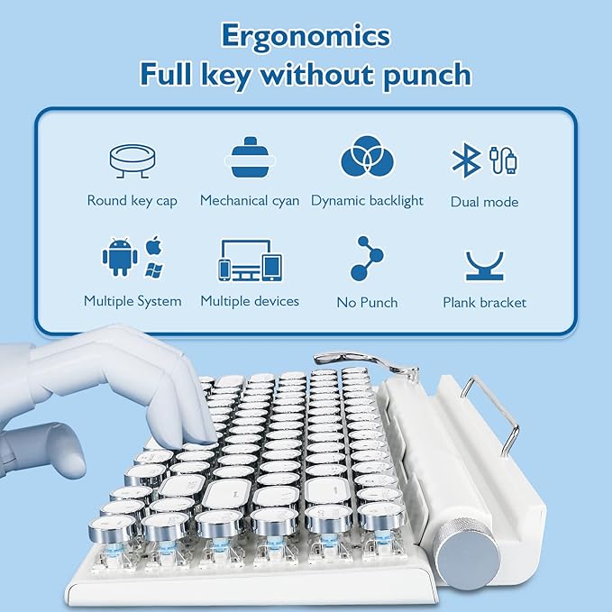 Adventurers Retro Typewriter Keyboard, 75% Layout 83 Keys Wireless Keyboard with Blue Switch,Bluetooth 5.0 and Multi-Device Switching,Vintage Punk Style,Hot-Swappable for PC/Laptops/Mac/ipad-White