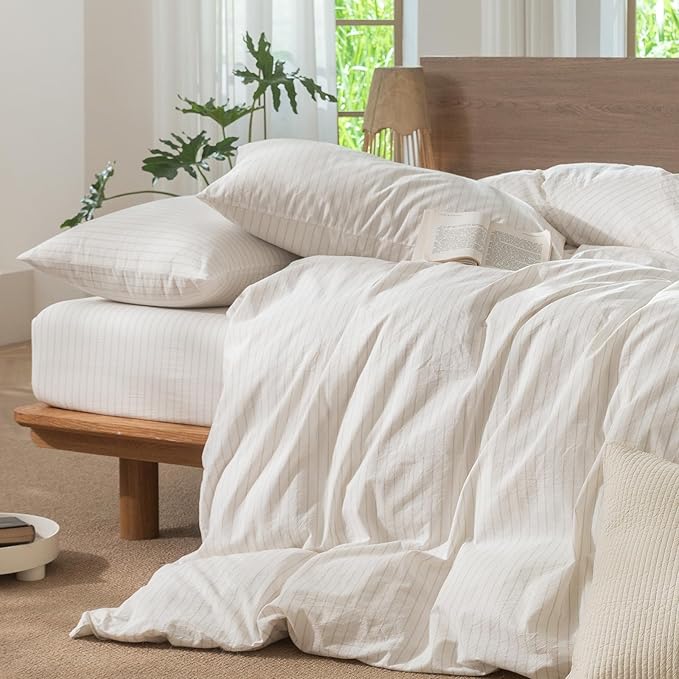 MooMee Striped Duvet Cover Set 100% Washed Cotton Linen Like Textured - Image 6