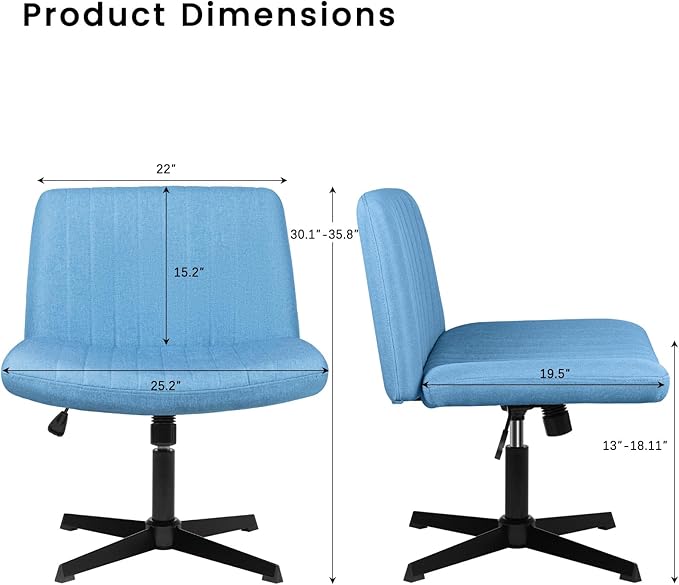 PUKAMI Criss Cross Chair,Armless Cross Legged Office Desk Chair No Wheels,Fabric Padded Modern Swivel Height Adjustable Mid Back Wide Seat Computer Task Vanity Chair for Home Office (Light Blue)