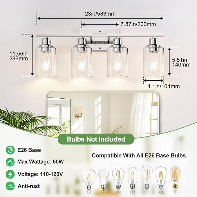Indoi 4 Light Bathroom Light Fixtures, Chrome Vanity Lights - Image 8