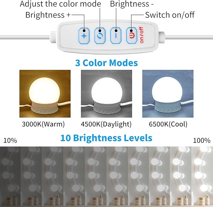 LED Vanity Mirror Lights with 14 Dimmable Bulbs, 3000K 4500K 6500K & 10 - Image 2