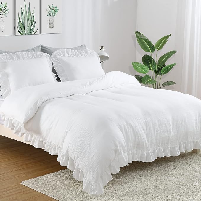 CAROMIO White Ruffle Duvet Cover Queen Size, 90x90 in by CAROMIO