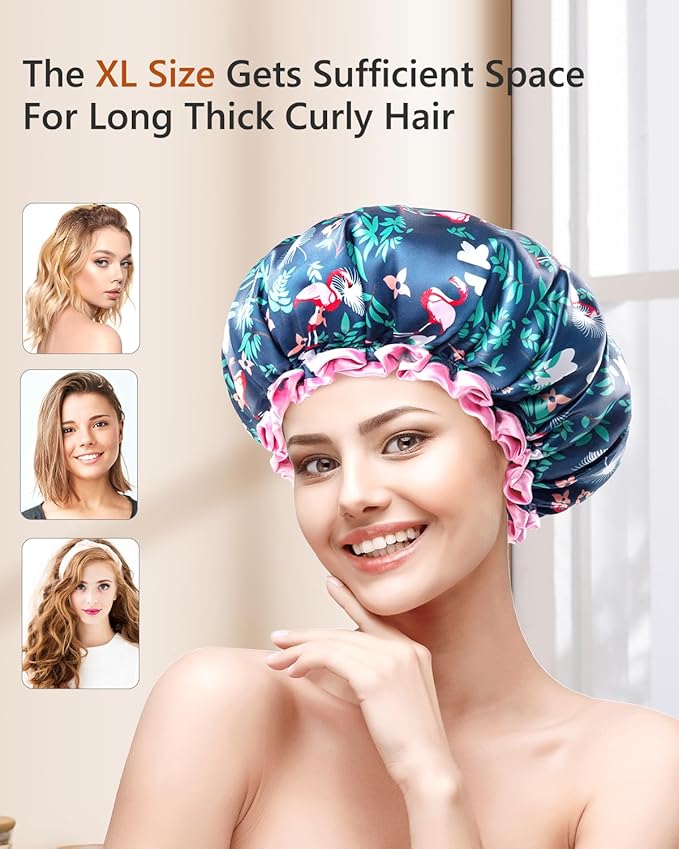 mikimini Large Shower Cap for Women Long Hair, 2 Pack, Flamingo Shower Caps - Image 5