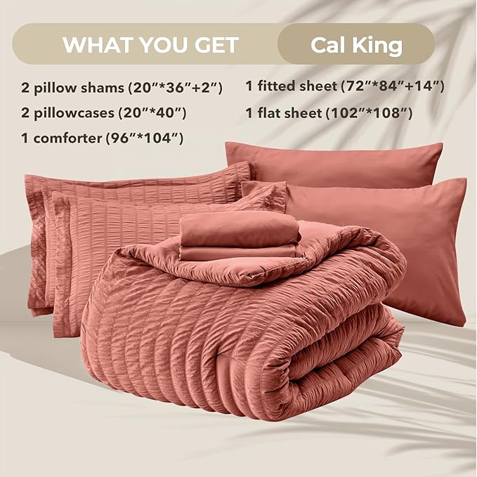 HYMOKEGE Coral California King Comforter Set Seersucker 7 Pieces, All Season - Image 6