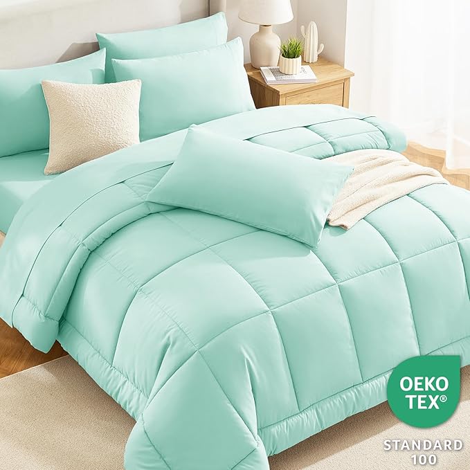 CozyLux Queen Comforter Set Mint Green, 7 Pieces Bed in a Bag, All Season - Image 3