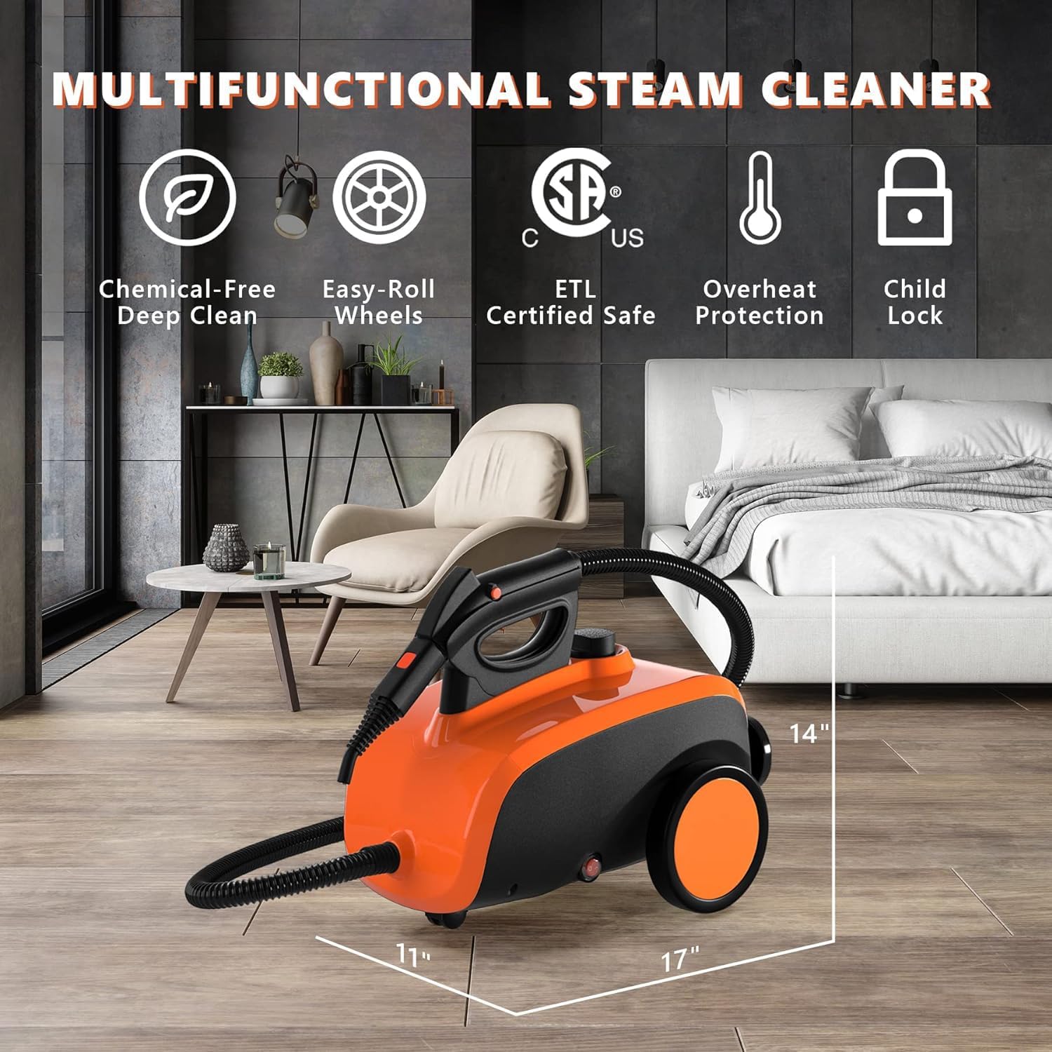ARLIME Multi-Purpose Steam Cleaner with 19 Accessories, Household Rolling Steamer Cleaning Mop for Carpet, Cars, Floors W/ 1.5L Tank & Extra-Long Power Cord