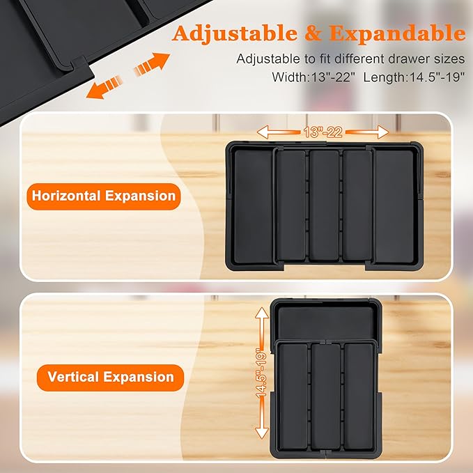 Spaclear Large Utensil Drawer Organizer Expandable Silverware Organizer for Kitchen Drawer Adjustable Cooking Utensil Holder Cutlery Flatware Tray Spatula Tools Gadgets Storage Dividers Plastic Black