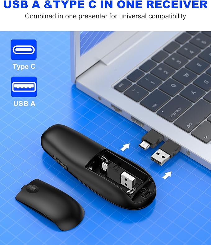 DinoFire USB Type C Wireless Presentation Clicker, BT&RF 2.4GHz Dual Modes Presenter Remote for PowerPoint Presentations Compatible with Bluetooth-Enabled Laptops Desktop Computers