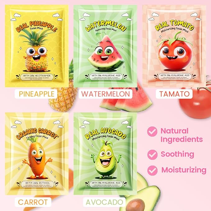 Kaely 10 Pack Fruit Face Masks for Kids, Kids Face Mask Spa Day Kit Supplies - Image 2